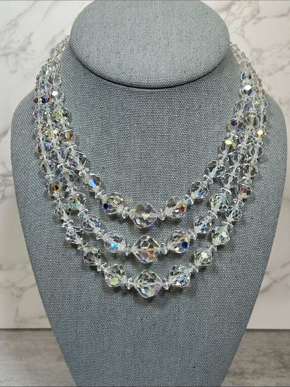 Coro Iridescent Crystal AB Triple Strand Necklace - Clear